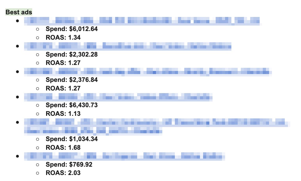 Best ads list showing spend and ROAS per ad. Ad names redacted